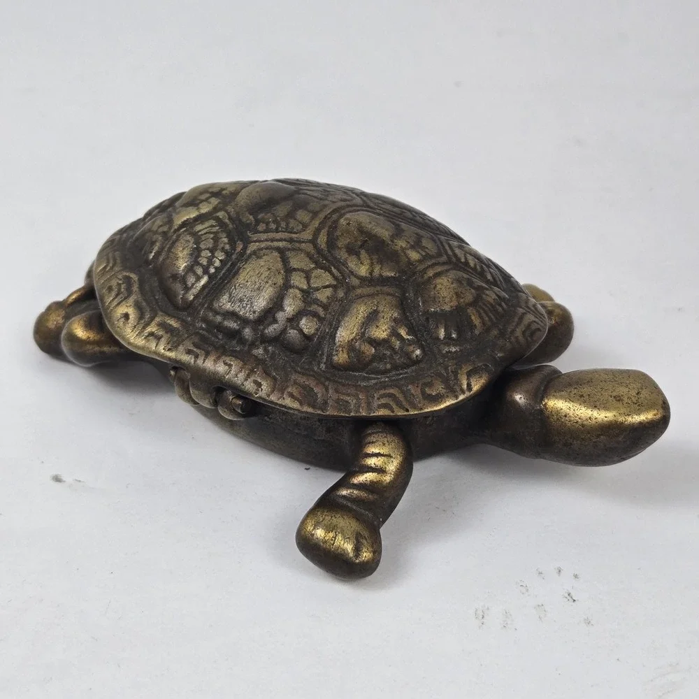 Antique Solid Brass Turtle Tortoise Hinged Trinket Box Etched Shell Patina 4.5